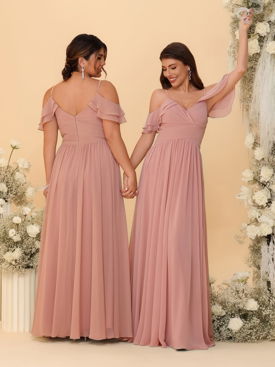 A-Line/Princess V-Neck Spaghetti Straps Chiffon Ruched Plus Size Bridesmaid Dresses - 이미지 2