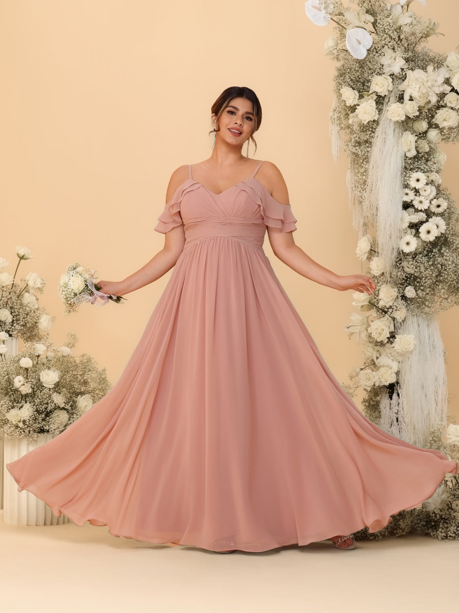 A-Line/Princess V-Neck Spaghetti Straps Chiffon Ruched Plus Size Bridesmaid Dresses - 이미지 3
