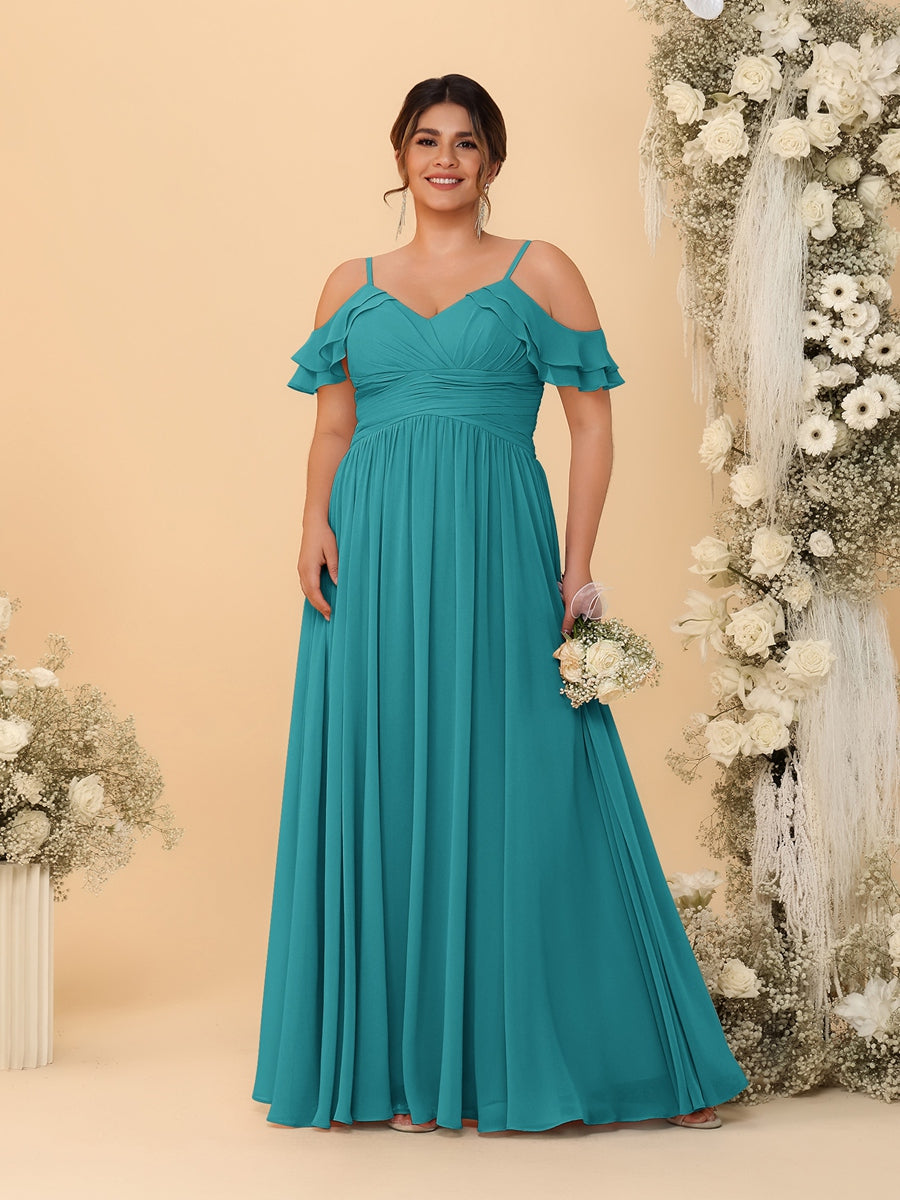 A-Line/Princess V-Neck Spaghetti Straps Chiffon Ruched Plus Size Bridesmaid Dresses - 이미지 5