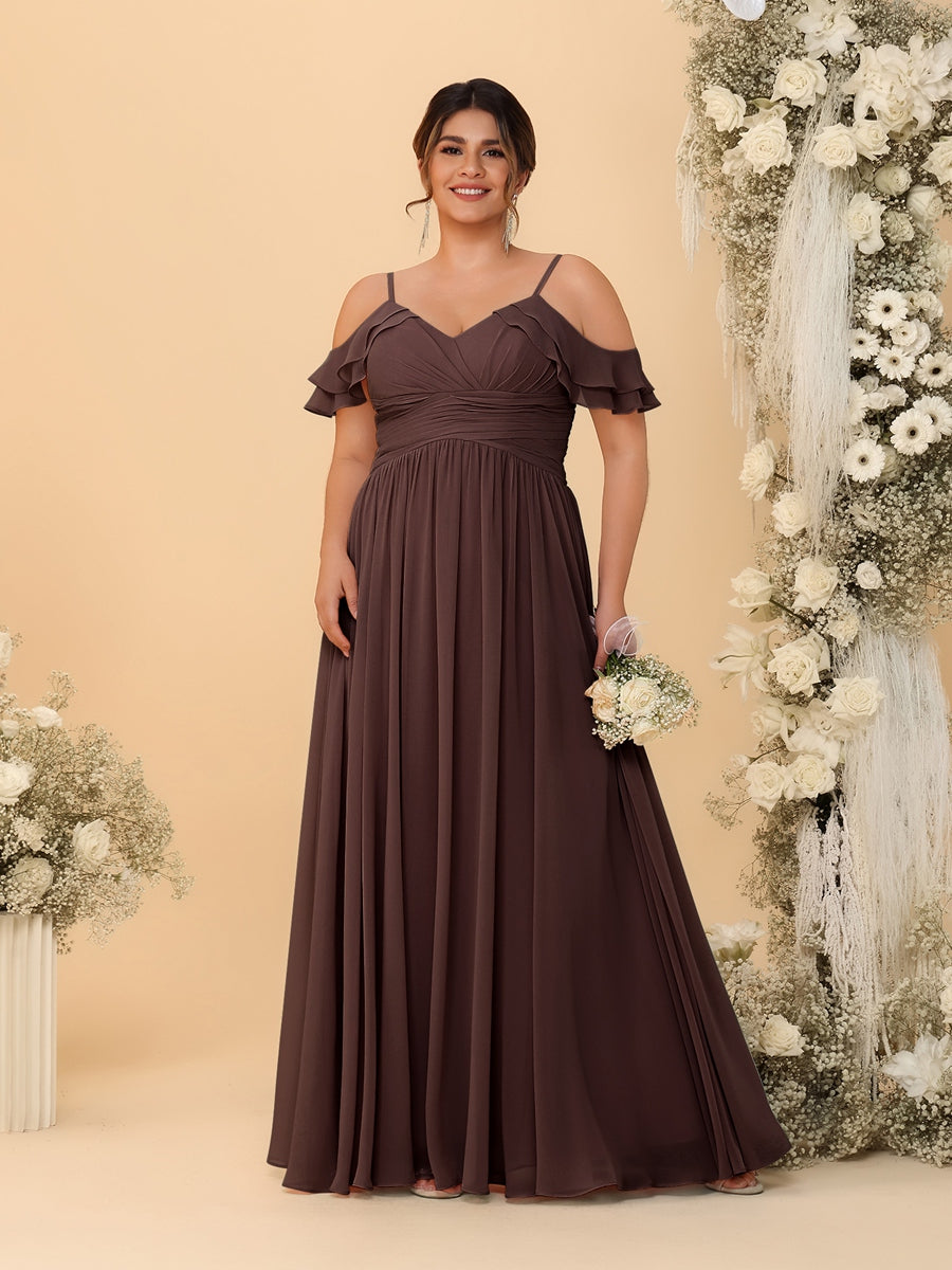 A-Line/Princess V-Neck Spaghetti Straps Chiffon Ruched Plus Size Bridesmaid Dresses - 이미지 8