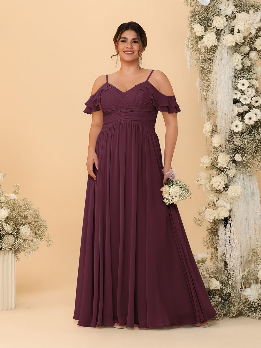A-Line/Princess V-Neck Spaghetti Straps Chiffon Ruched Plus Size Bridesmaid Dresses - 이미지 9