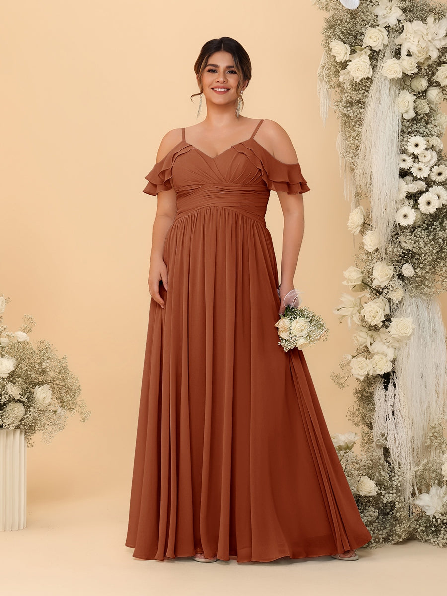 A-Line/Princess V-Neck Spaghetti Straps Chiffon Ruched Plus Size Bridesmaid Dresses - 이미지 10