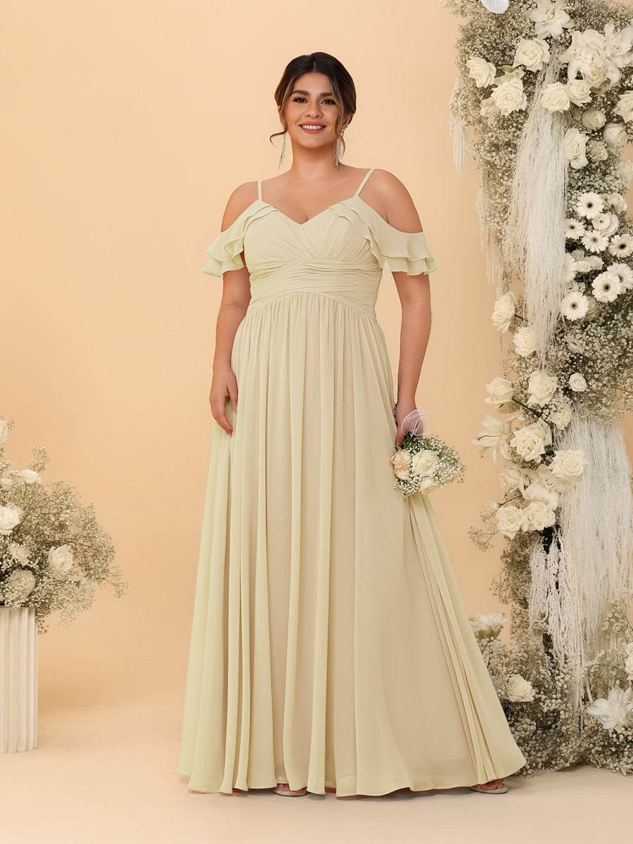 A-Line/Princess V-Neck Spaghetti Straps Chiffon Ruched Plus Size Bridesmaid Dresses - 이미지 12