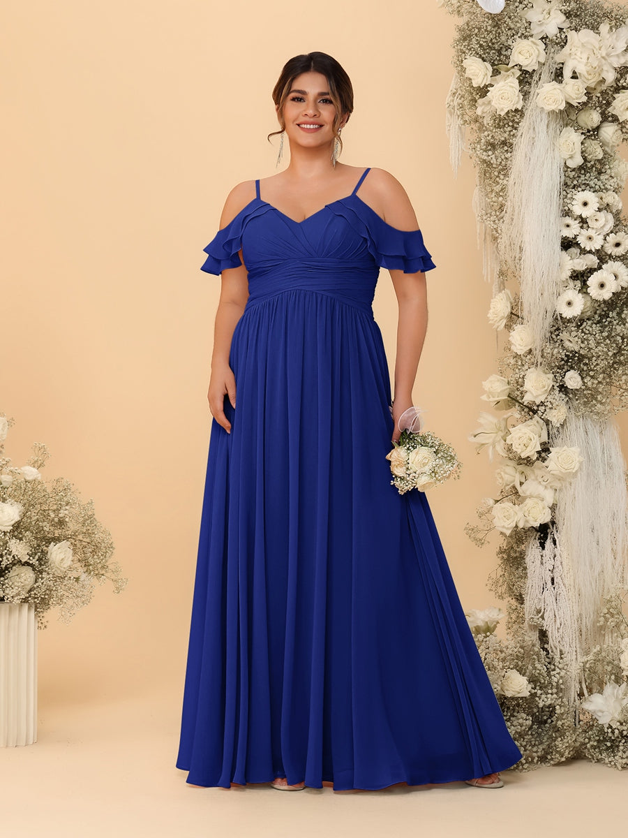 A-Line/Princess V-Neck Spaghetti Straps Chiffon Ruched Plus Size Bridesmaid Dresses - 이미지 15