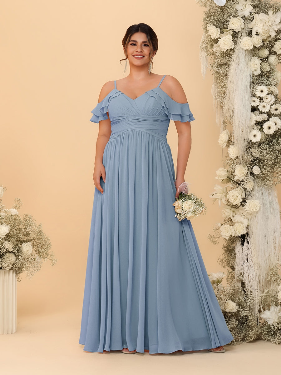 A-Line/Princess V-Neck Spaghetti Straps Chiffon Ruched Plus Size Bridesmaid Dresses - 이미지 16