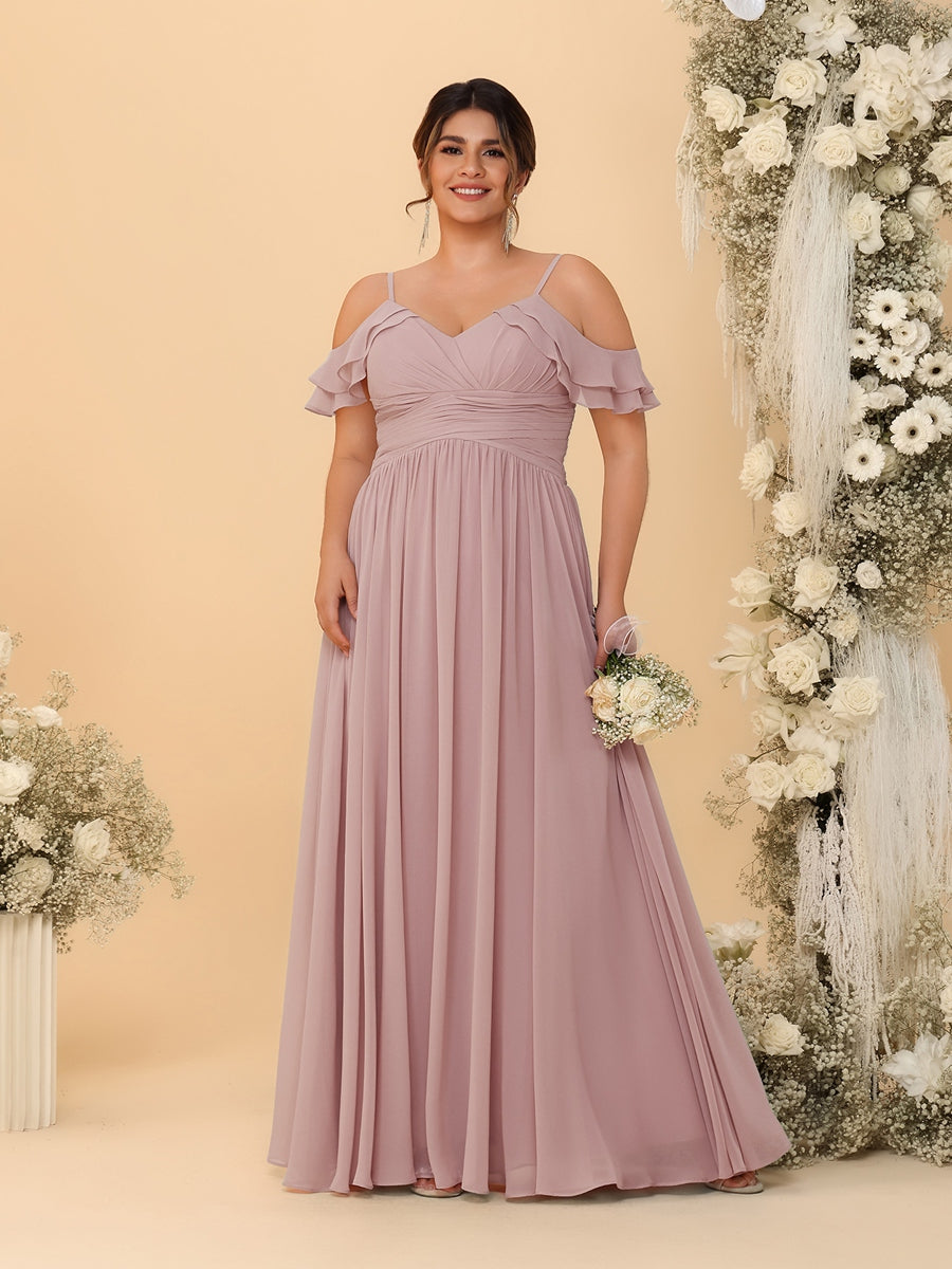 A-Line/Princess V-Neck Spaghetti Straps Chiffon Ruched Plus Size Bridesmaid Dresses - 이미지 17