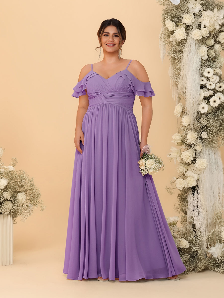 A-Line/Princess V-Neck Spaghetti Straps Chiffon Ruched Plus Size Bridesmaid Dresses - 이미지 18