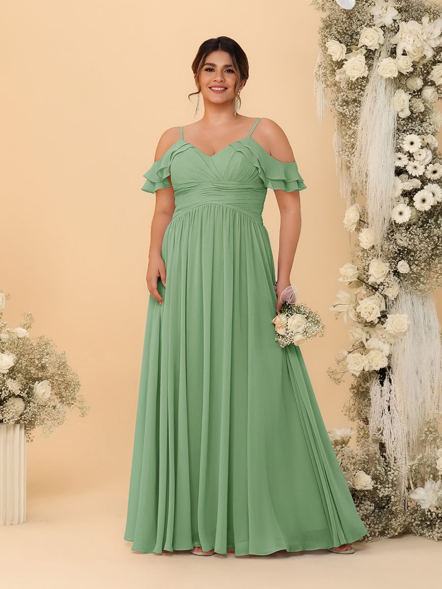 A-Line/Princess V-Neck Spaghetti Straps Chiffon Ruched Plus Size Bridesmaid Dresses - 이미지 19