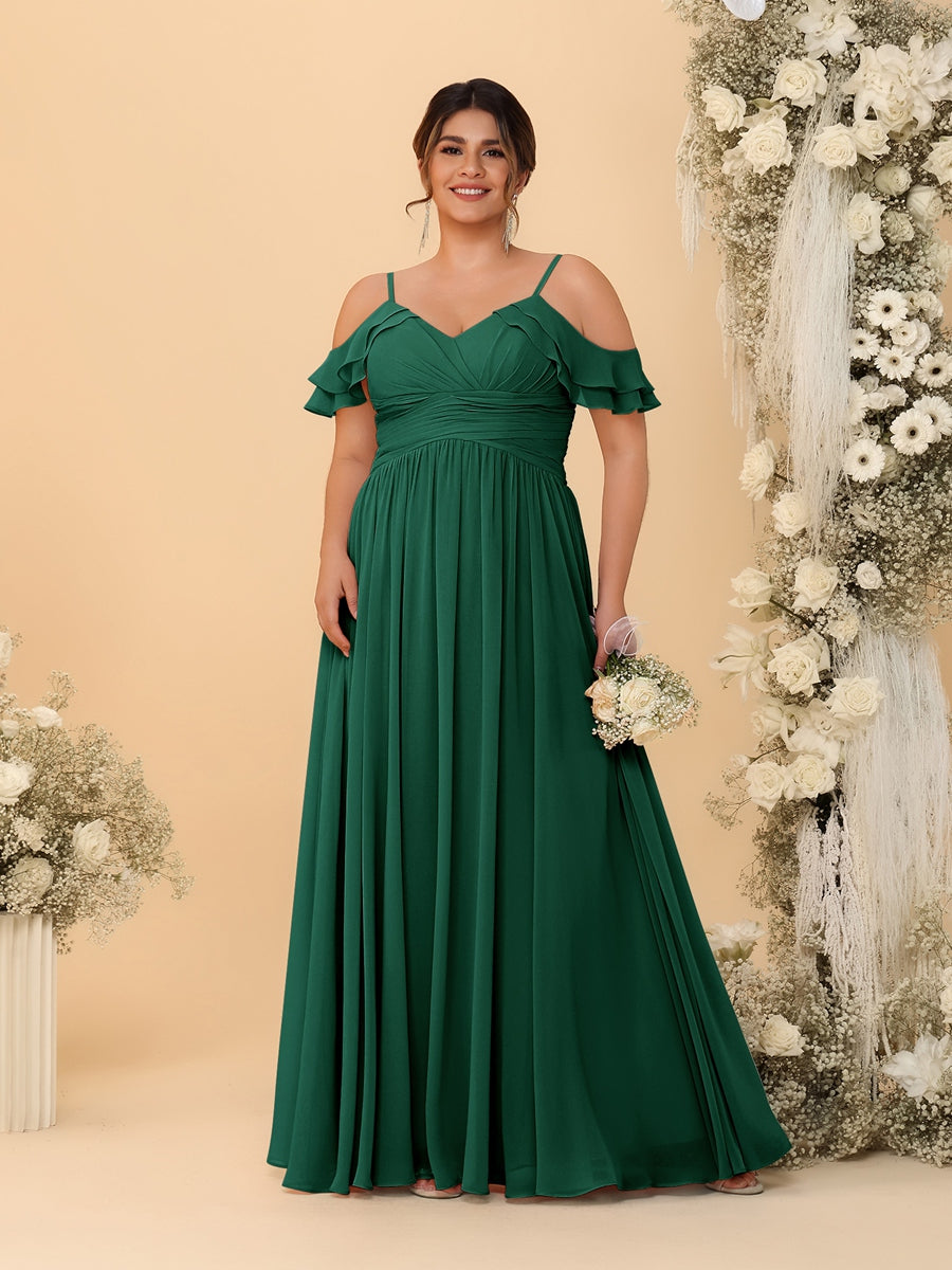 A-Line/Princess V-Neck Spaghetti Straps Chiffon Ruched Plus Size Bridesmaid Dresses - 이미지 20