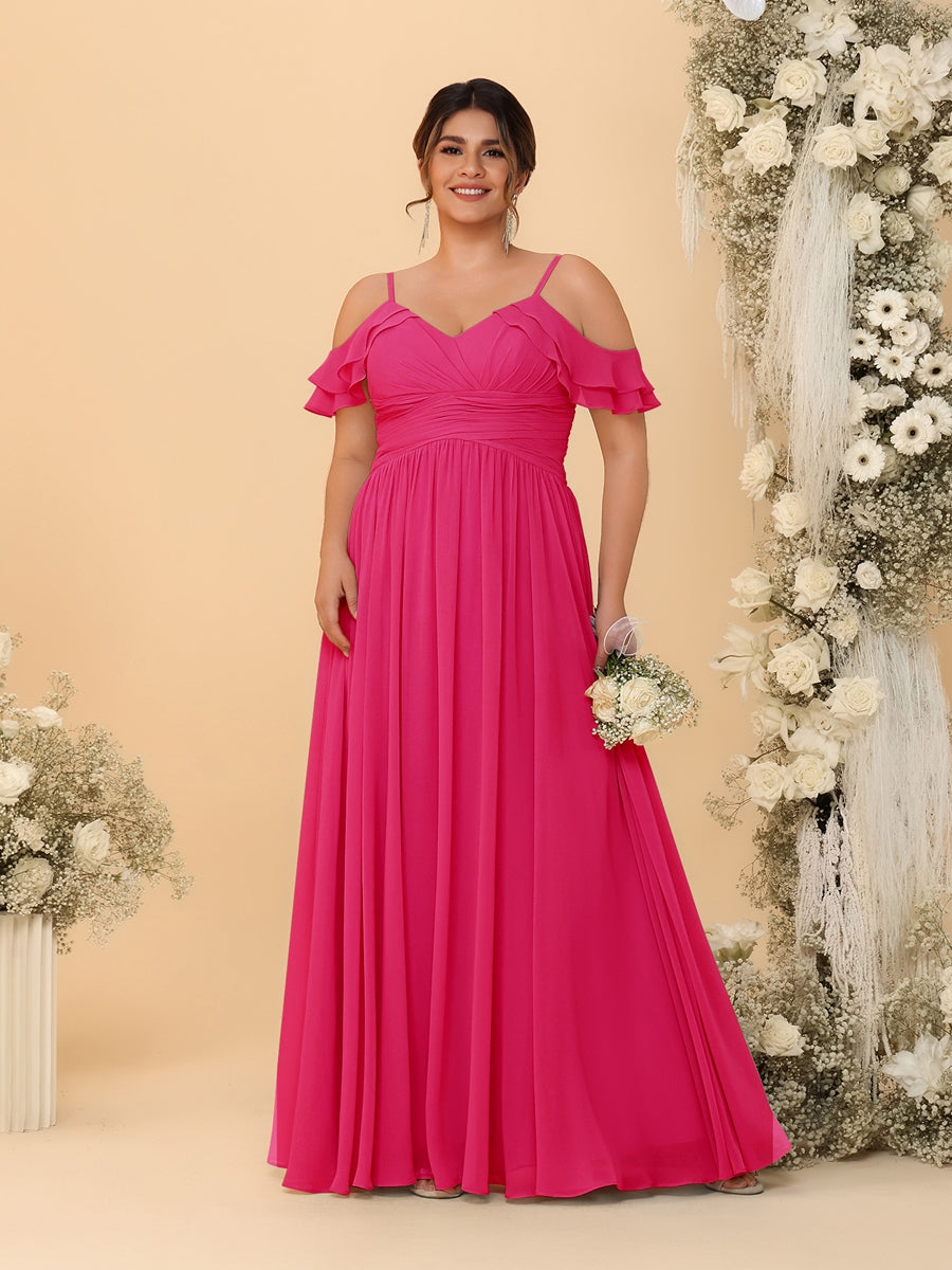 A-Line/Princess V-Neck Spaghetti Straps Chiffon Ruched Plus Size Bridesmaid Dresses - 이미지 23