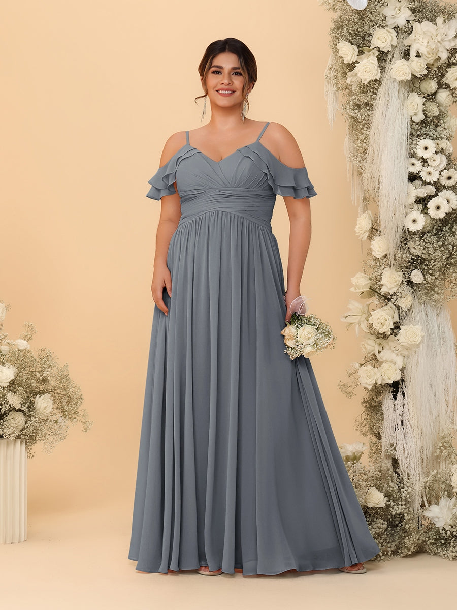 A-Line/Princess V-Neck Spaghetti Straps Chiffon Ruched Plus Size Bridesmaid Dresses - 이미지 26