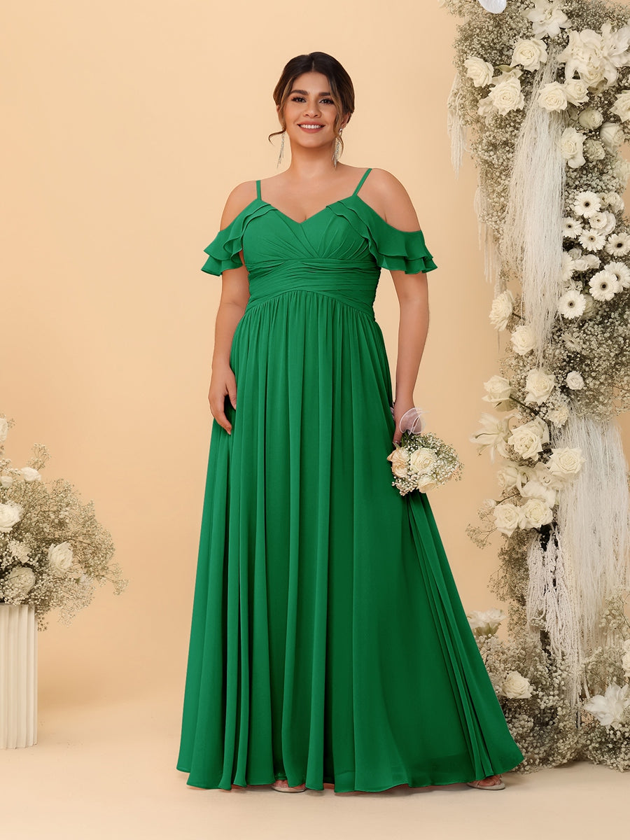 A-Line/Princess V-Neck Spaghetti Straps Chiffon Ruched Plus Size Bridesmaid Dresses - 이미지 27