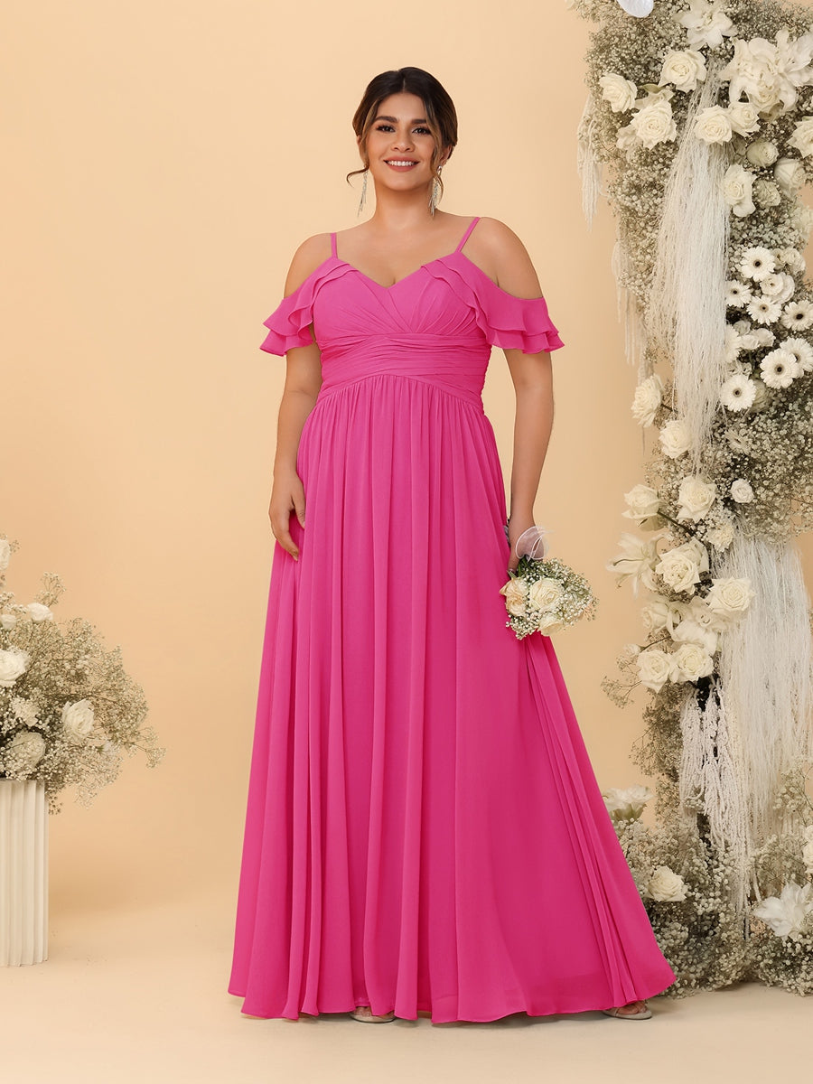 A-Line/Princess V-Neck Spaghetti Straps Chiffon Ruched Plus Size Bridesmaid Dresses - 이미지 28