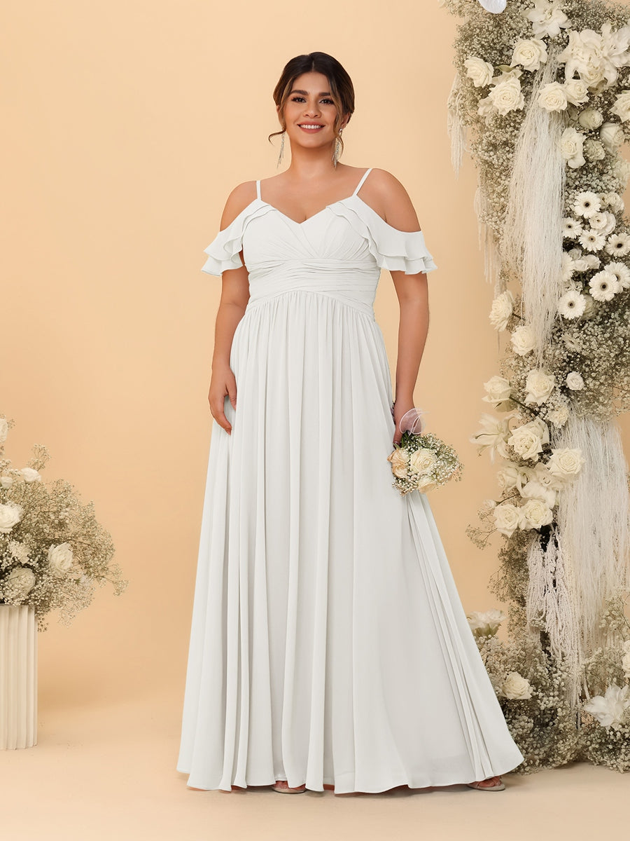 A-Line/Princess V-Neck Spaghetti Straps Chiffon Ruched Plus Size Bridesmaid Dresses - 이미지 29