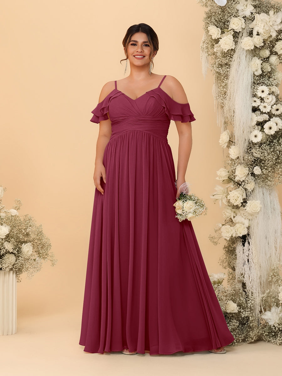 A-Line/Princess V-Neck Spaghetti Straps Chiffon Ruched Plus Size Bridesmaid Dresses - 이미지 32