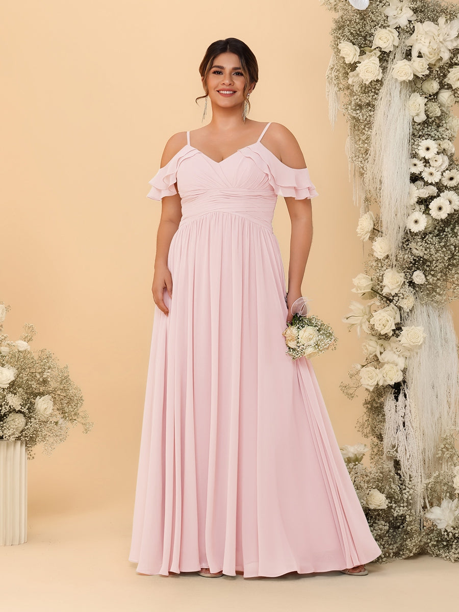 A-Line/Princess V-Neck Spaghetti Straps Chiffon Ruched Plus Size Bridesmaid Dresses - 이미지 34
