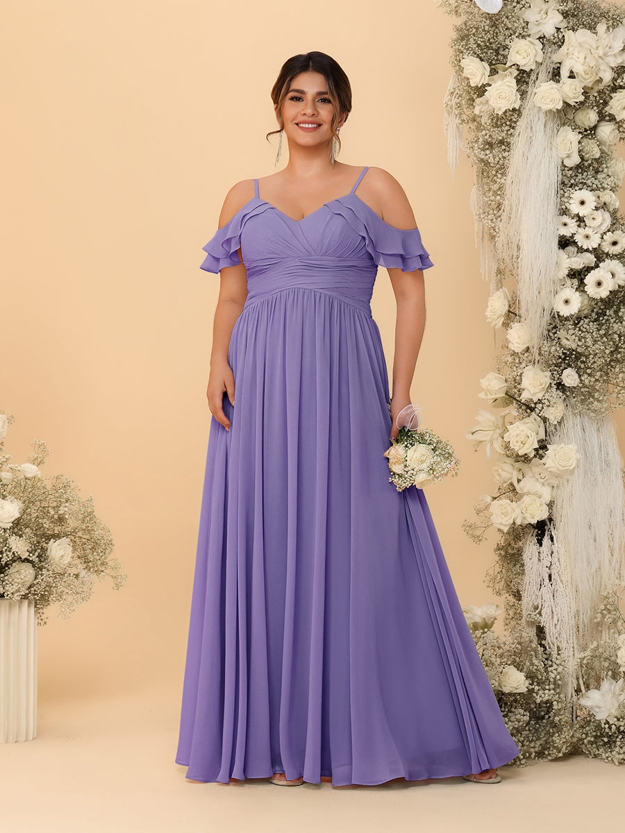 A-Line/Princess V-Neck Spaghetti Straps Chiffon Ruched Plus Size Bridesmaid Dresses - 이미지 35