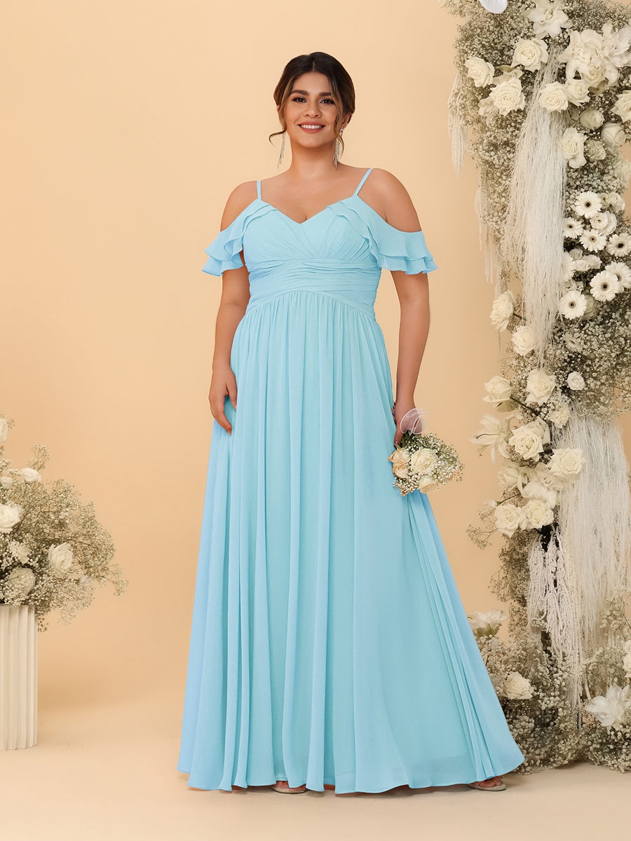 A-Line/Princess V-Neck Spaghetti Straps Chiffon Ruched Plus Size Bridesmaid Dresses - 이미지 37