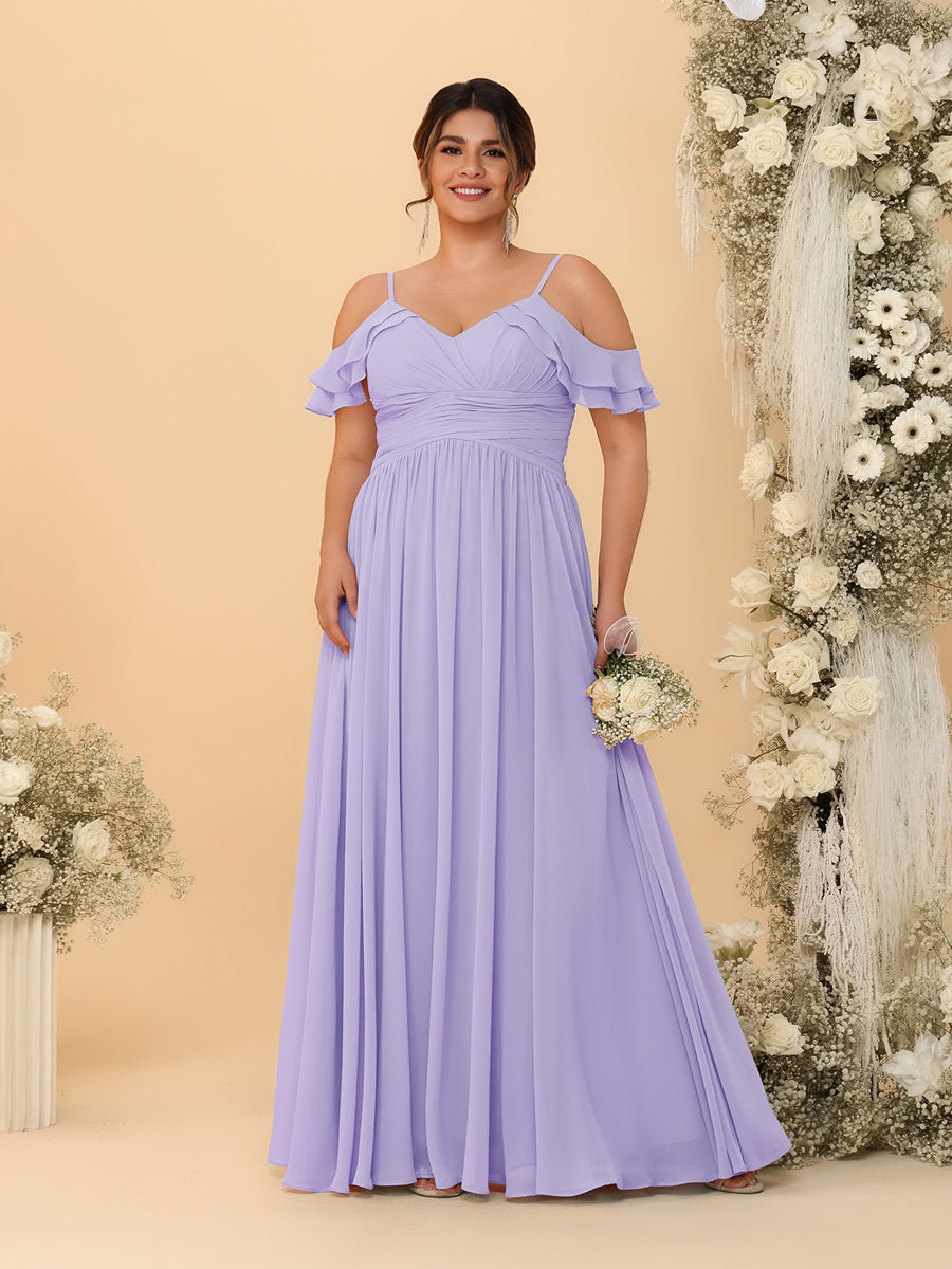 A-Line/Princess V-Neck Spaghetti Straps Chiffon Ruched Plus Size Bridesmaid Dresses - 이미지 38