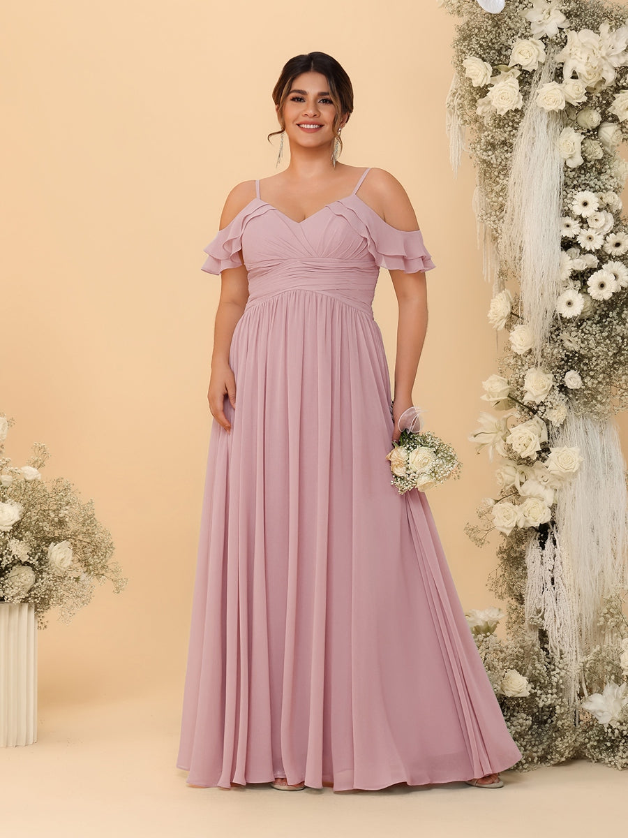 A-Line/Princess V-Neck Spaghetti Straps Chiffon Ruched Plus Size Bridesmaid Dresses - 이미지 39