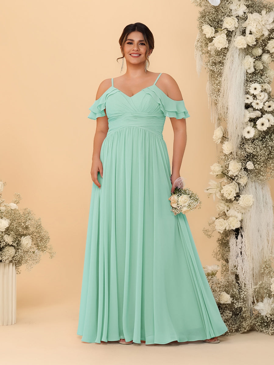 A-Line/Princess V-Neck Spaghetti Straps Chiffon Ruched Plus Size Bridesmaid Dresses - 이미지 40