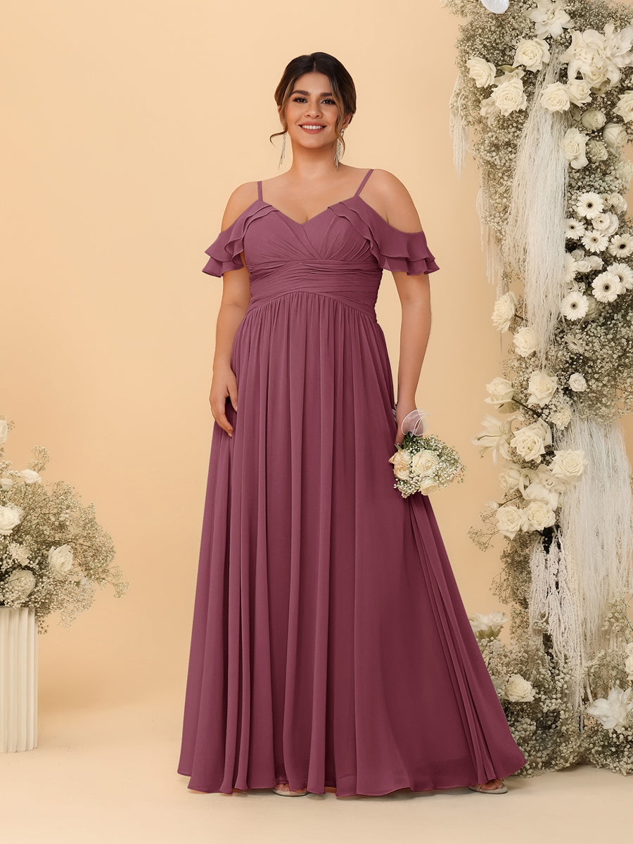A-Line/Princess V-Neck Spaghetti Straps Chiffon Ruched Plus Size Bridesmaid Dresses - 이미지 42