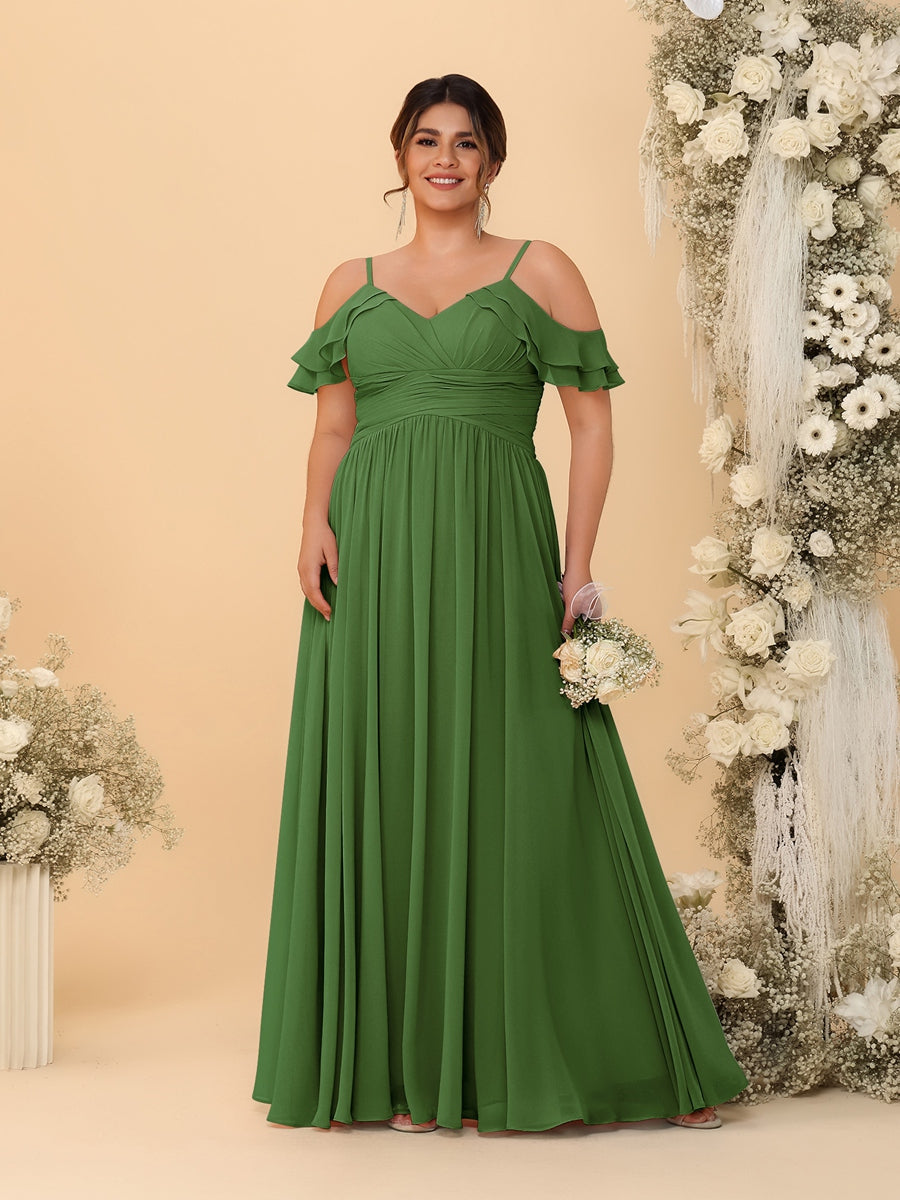 A-Line/Princess V-Neck Spaghetti Straps Chiffon Ruched Plus Size Bridesmaid Dresses - 이미지 47