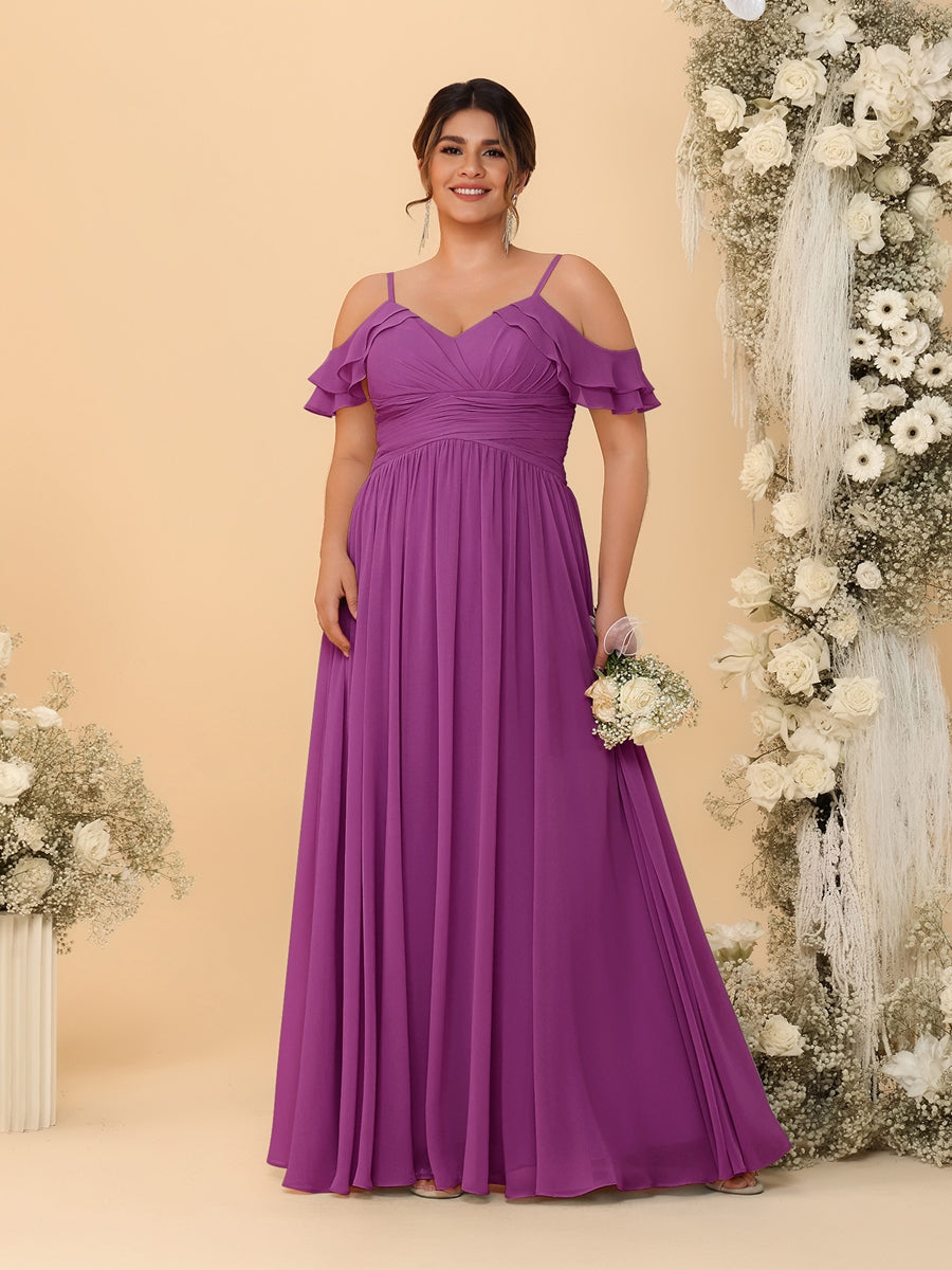 A-Line/Princess V-Neck Spaghetti Straps Chiffon Ruched Plus Size Bridesmaid Dresses - 이미지 49