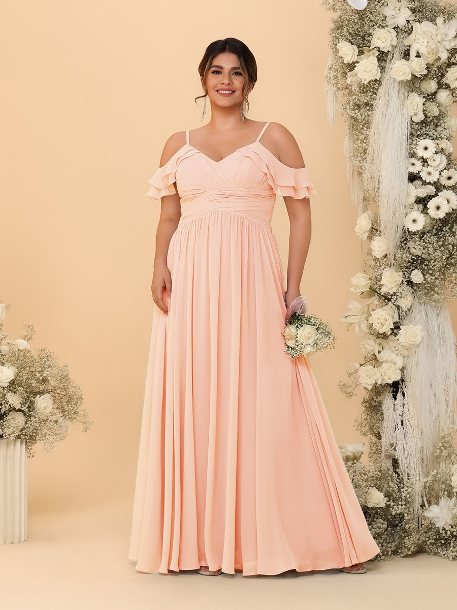 A-Line/Princess V-Neck Spaghetti Straps Chiffon Ruched Plus Size Bridesmaid Dresses - 이미지 50