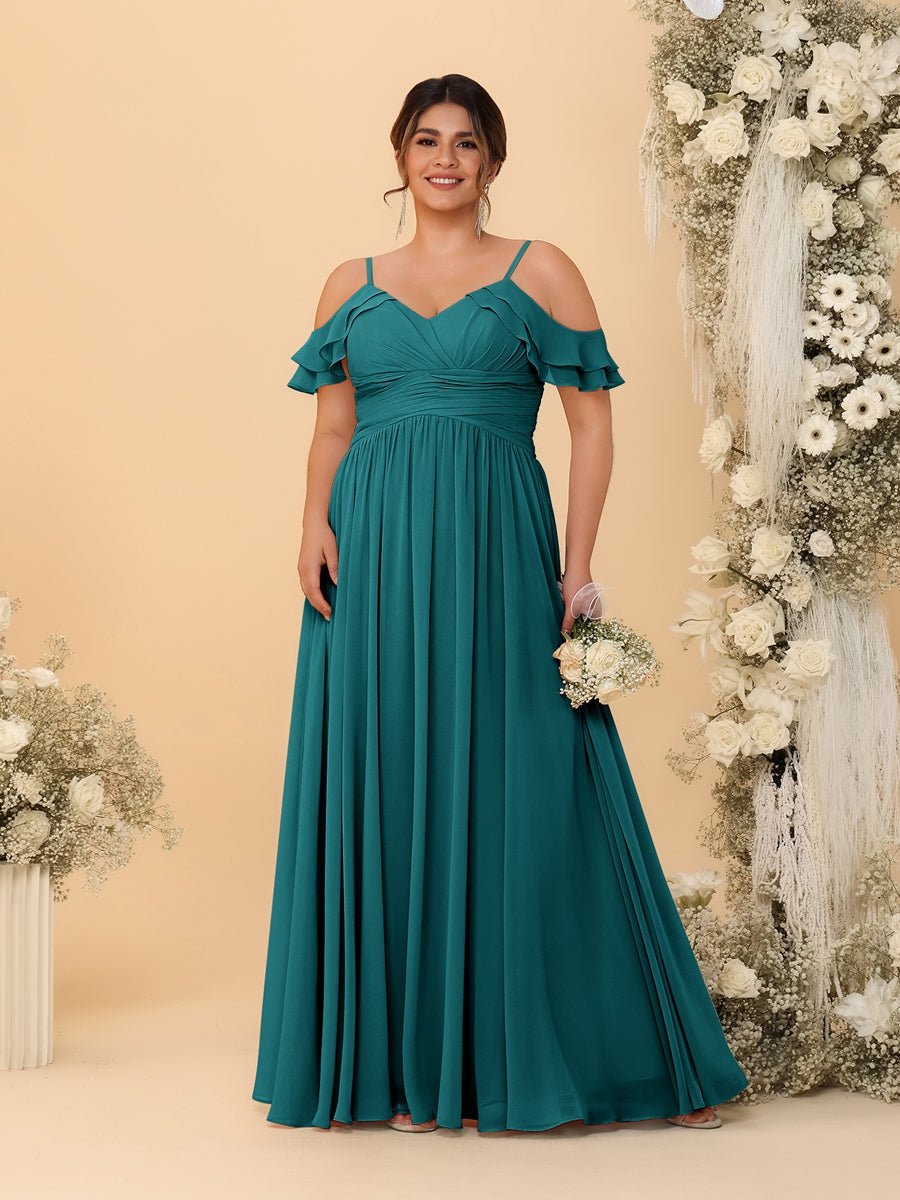 A-Line/Princess V-Neck Spaghetti Straps Chiffon Ruched Plus Size Bridesmaid Dresses - 이미지 51