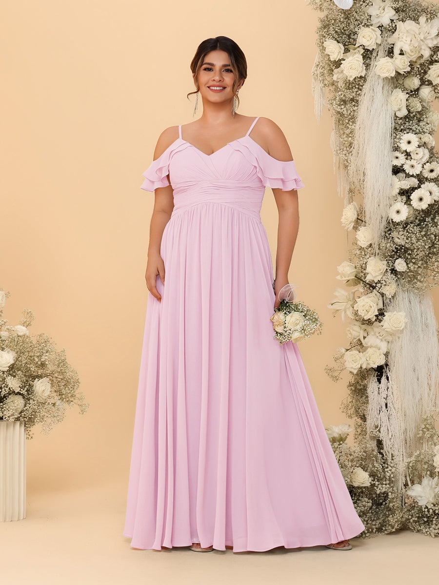 A-Line/Princess V-Neck Spaghetti Straps Chiffon Ruched Plus Size Bridesmaid Dresses - 이미지 53
