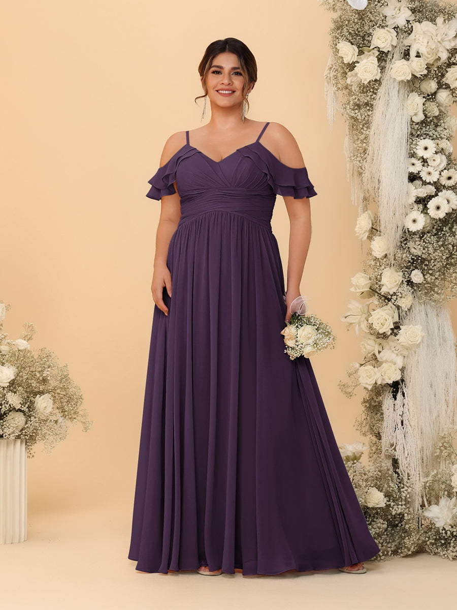A-Line/Princess V-Neck Spaghetti Straps Chiffon Ruched Plus Size Bridesmaid Dresses - 이미지 54