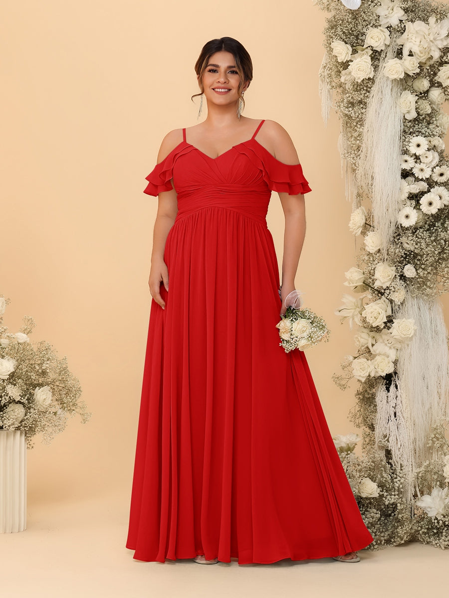 A-Line/Princess V-Neck Spaghetti Straps Chiffon Ruched Plus Size Bridesmaid Dresses - 이미지 56