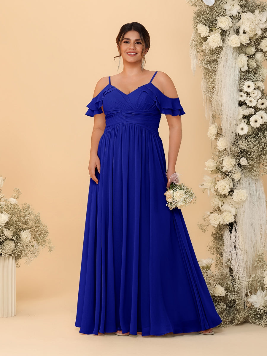 A-Line/Princess V-Neck Spaghetti Straps Chiffon Ruched Plus Size Bridesmaid Dresses - 이미지 57