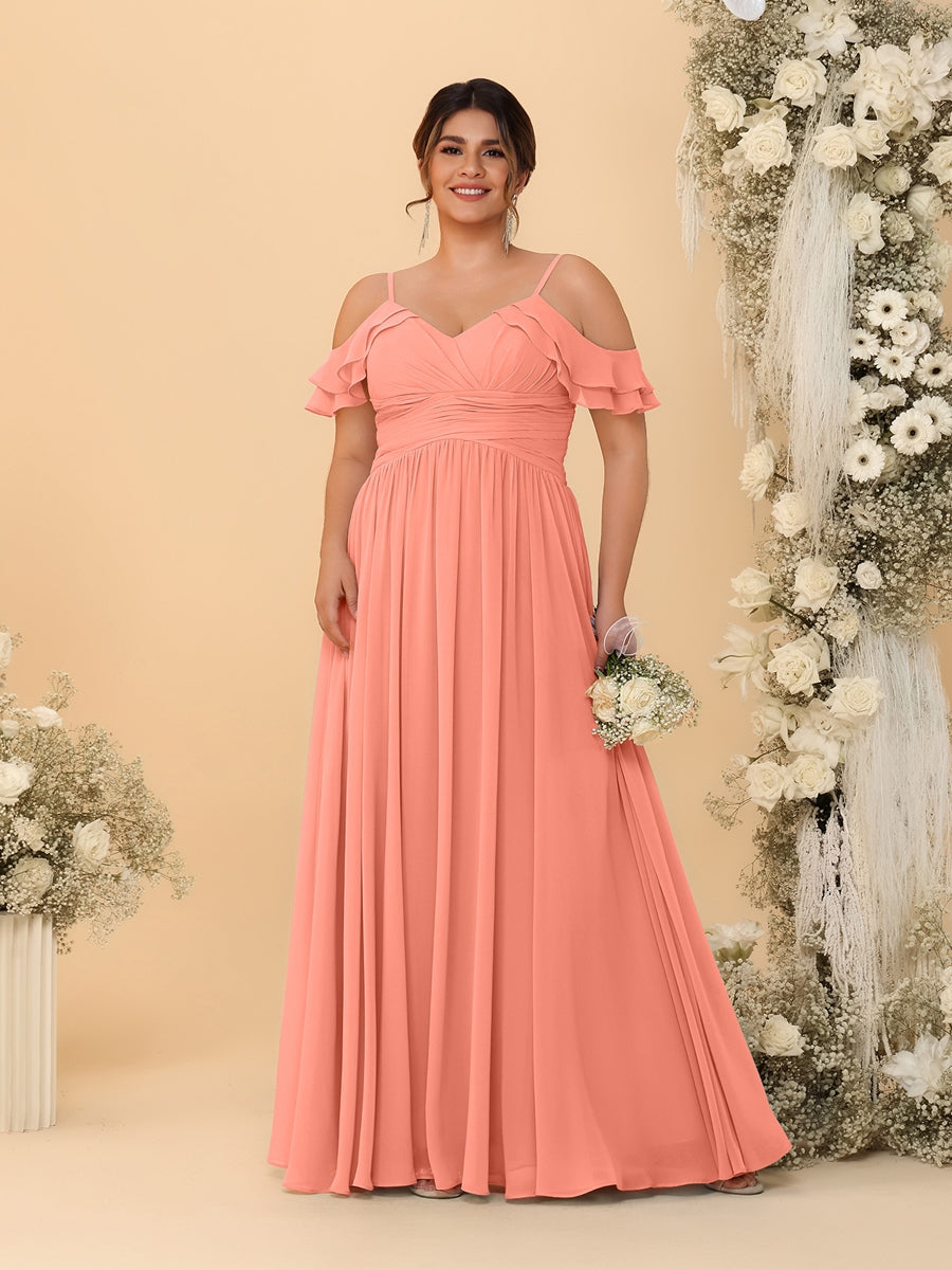 A-Line/Princess V-Neck Spaghetti Straps Chiffon Ruched Plus Size Bridesmaid Dresses - 이미지 60