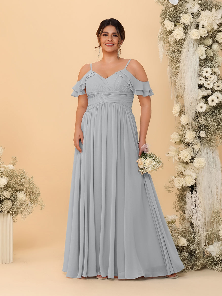 A-Line/Princess V-Neck Spaghetti Straps Chiffon Ruched Plus Size Bridesmaid Dresses - 이미지 61