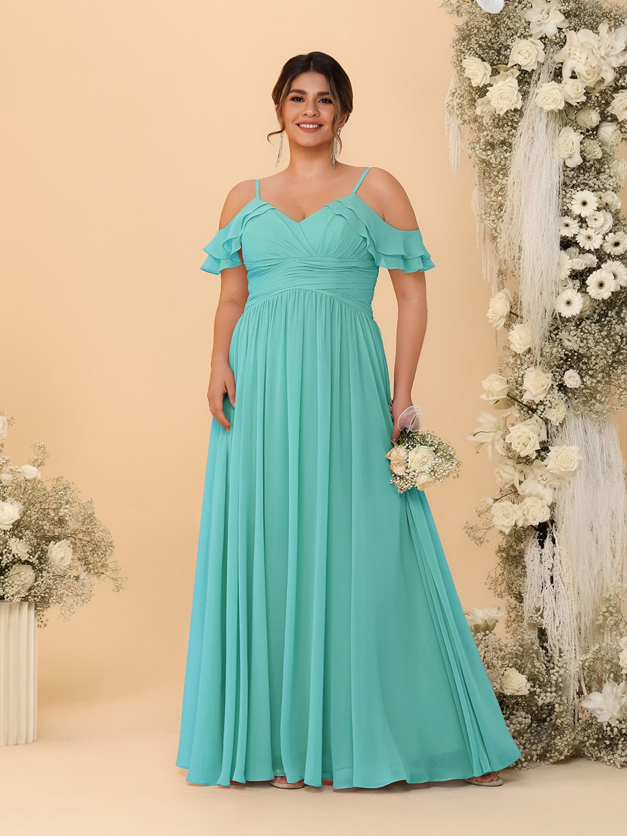A-Line/Princess V-Neck Spaghetti Straps Chiffon Ruched Plus Size Bridesmaid Dresses - 이미지 64