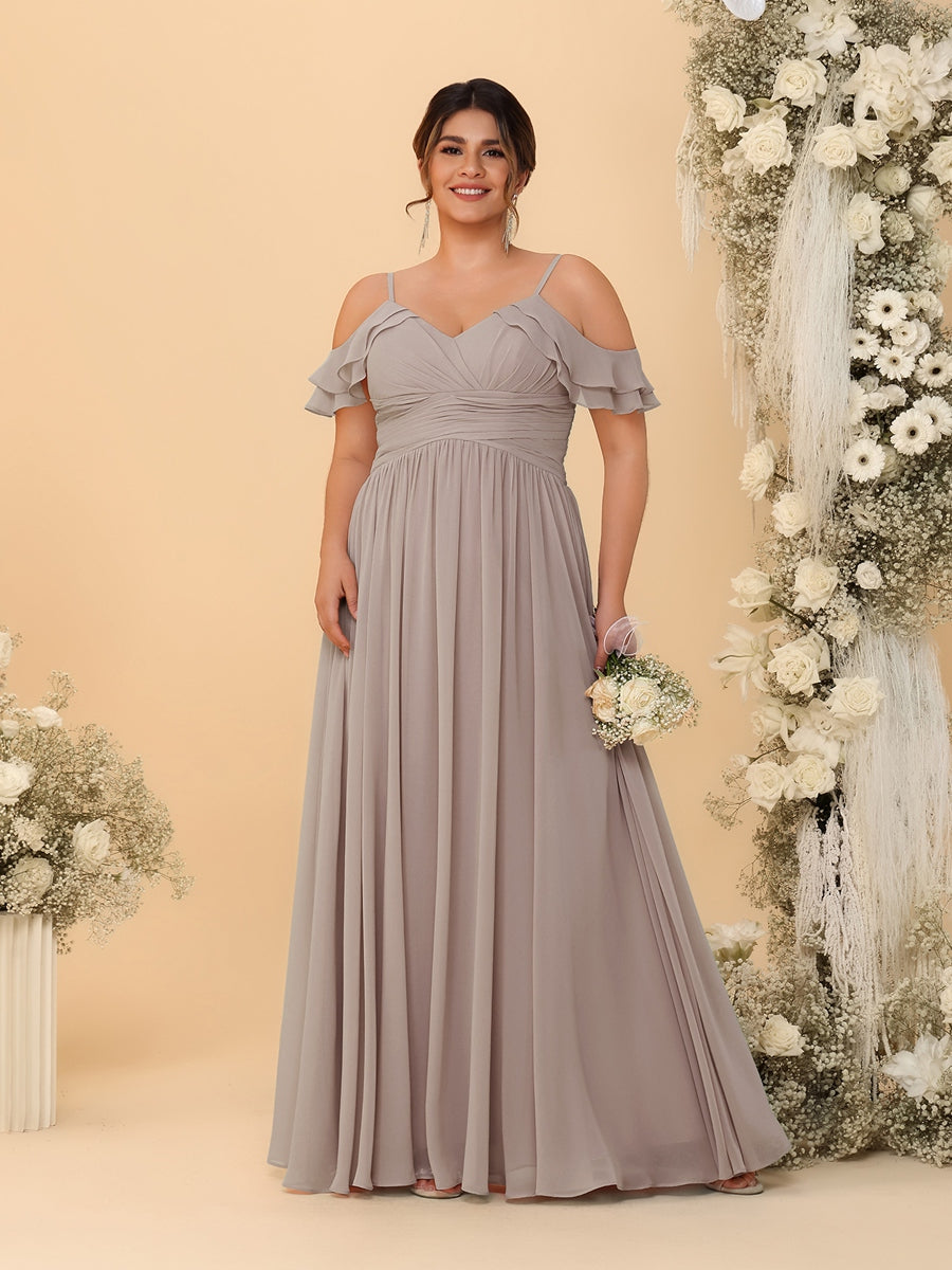 A-Line/Princess V-Neck Spaghetti Straps Chiffon Ruched Plus Size Bridesmaid Dresses - 이미지 67