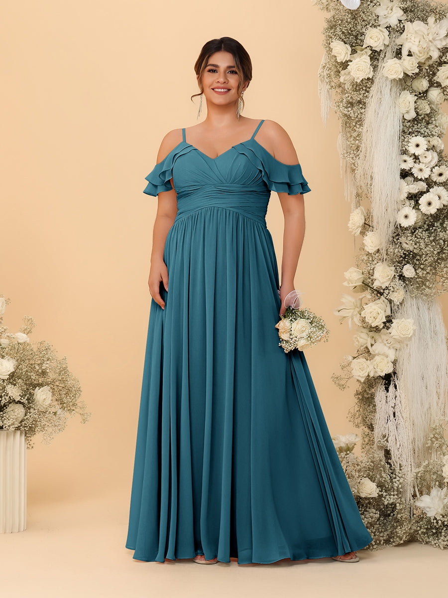 A-Line/Princess V-Neck Spaghetti Straps Chiffon Ruched Plus Size Bridesmaid Dresses - 이미지 68