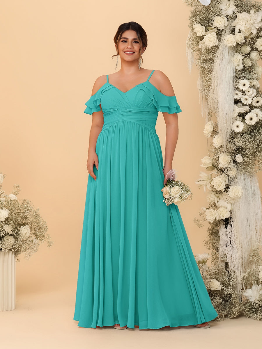 A-Line/Princess V-Neck Spaghetti Straps Chiffon Ruched Plus Size Bridesmaid Dresses - 이미지 69