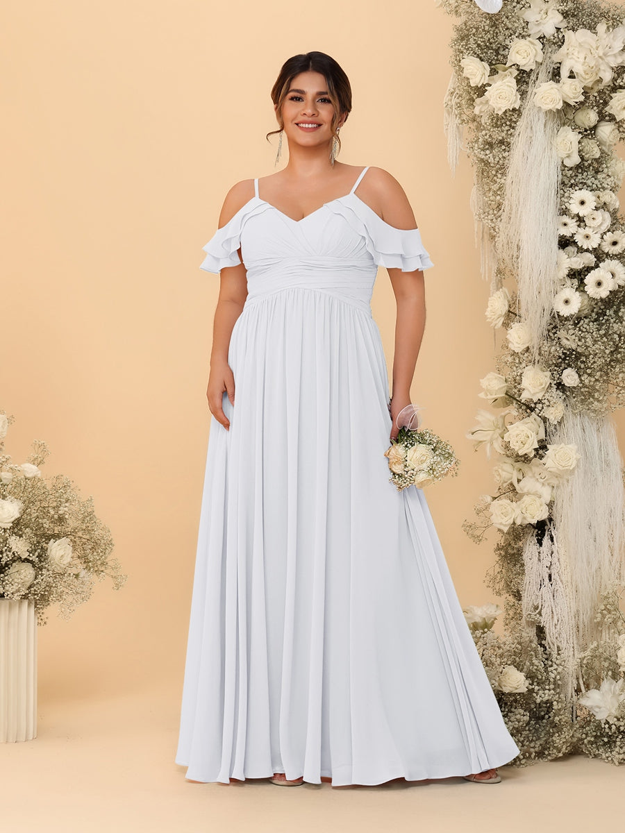 A-Line/Princess V-Neck Spaghetti Straps Chiffon Ruched Plus Size Bridesmaid Dresses - 이미지 70