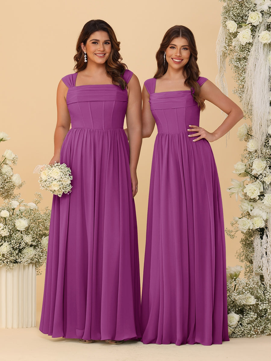 Chiffon A-Line/Princess Square Neck Sleeveless Bridesmaid Dresses with Pleats - Image 52
