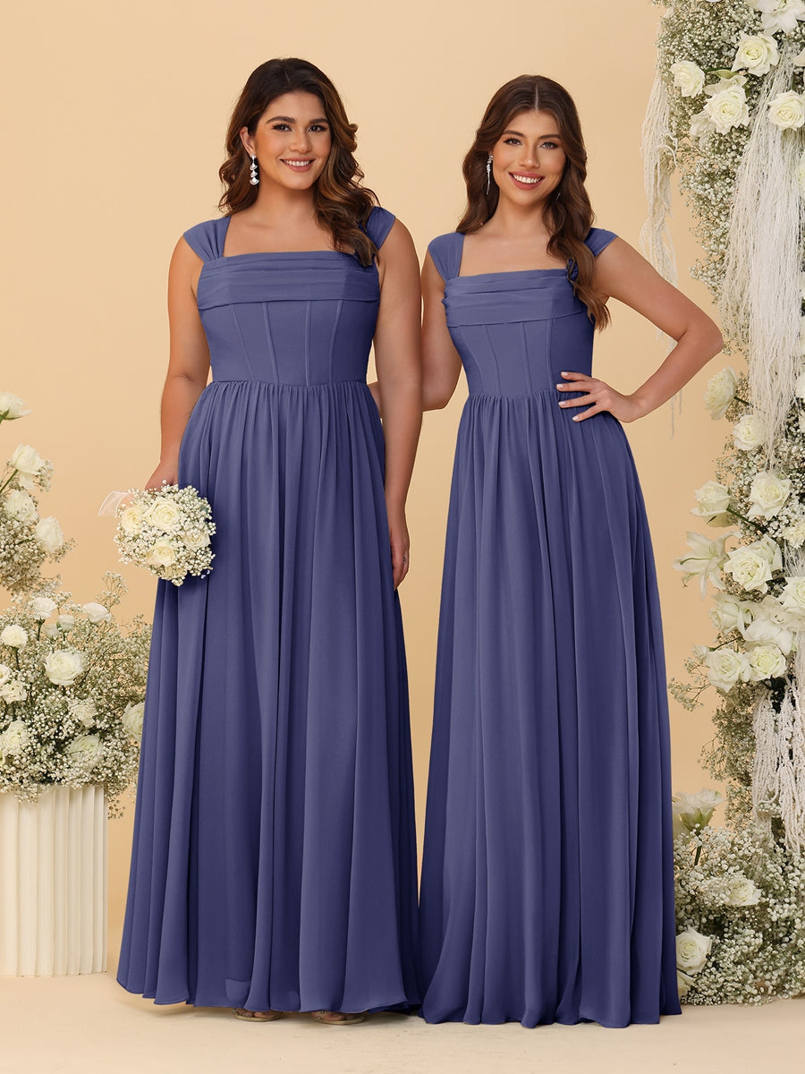 Chiffon A-Line/Princess Square Neck Sleeveless Bridesmaid Dresses with Pleats - Image 69