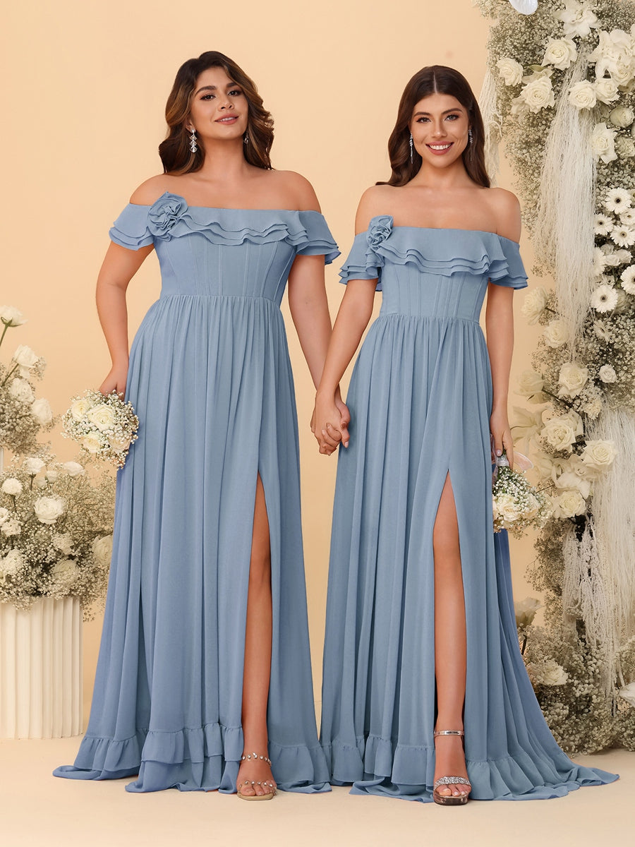 Chiffon A-Line/Princess Off-the-Shoulder Short Sleeves Ruched Bridesmaid Dresses - Image 16