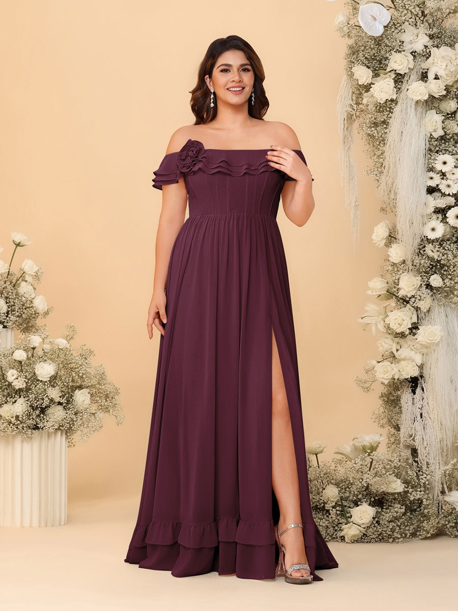 Chiffon A-Line/Princess Off-the-Shoulder Short Sleeves Plus Size Bridesmaid Dresses with Side Slit - 画像 (9)