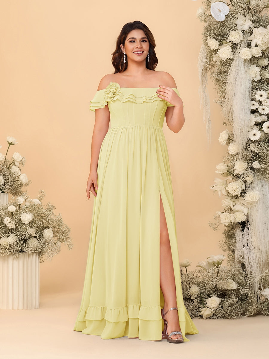 Chiffon A-Line/Princess Off-the-Shoulder Short Sleeves Plus Size Bridesmaid Dresses with Side Slit - 画像 (11)