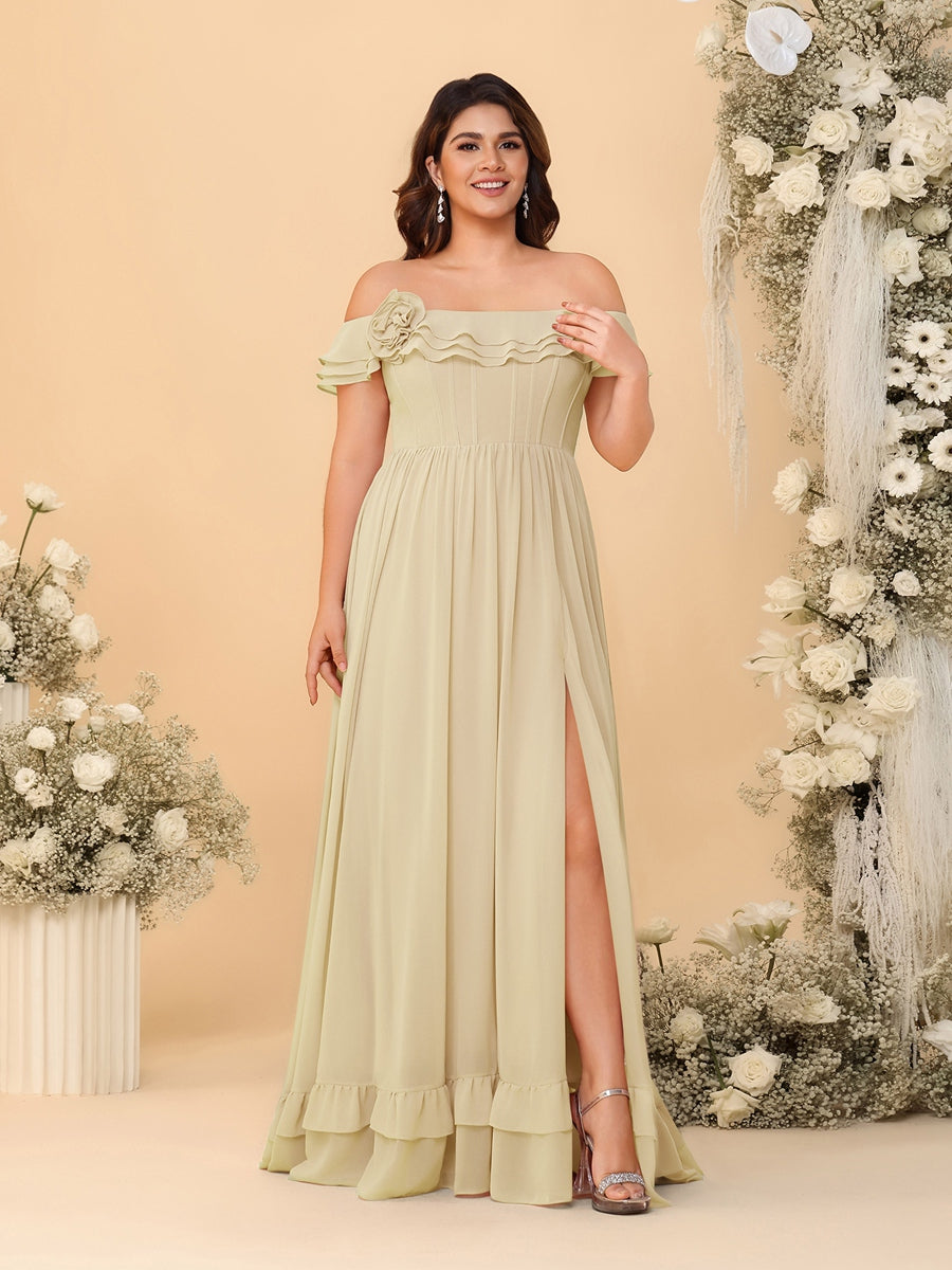 Chiffon A-Line/Princess Off-the-Shoulder Short Sleeves Plus Size Bridesmaid Dresses with Side Slit - 画像 (12)