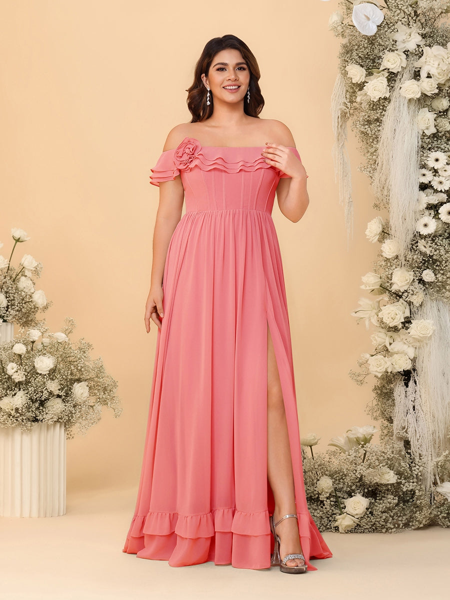 Chiffon A-Line/Princess Off-the-Shoulder Short Sleeves Plus Size Bridesmaid Dresses with Side Slit - 画像 (13)