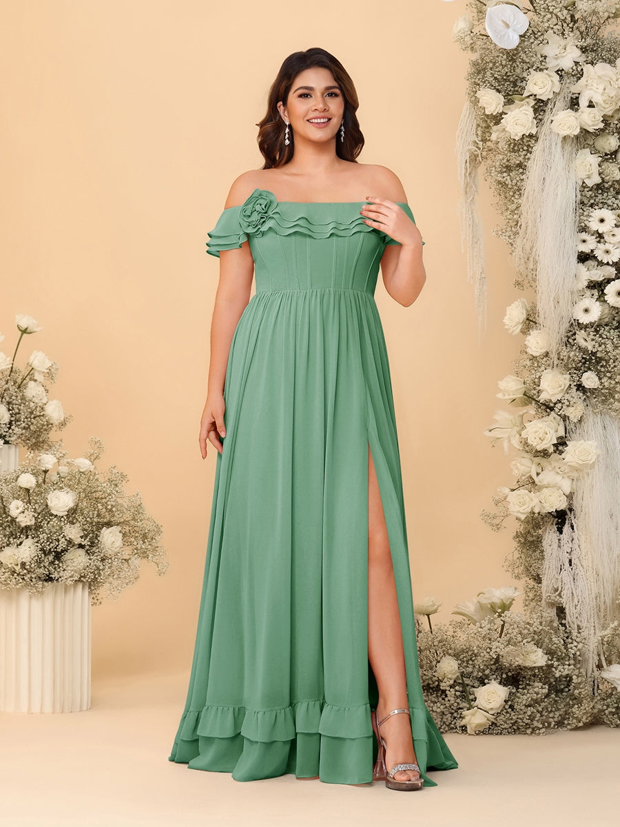 Chiffon A-Line/Princess Off-the-Shoulder Short Sleeves Plus Size Bridesmaid Dresses with Side Slit - 画像 (21)