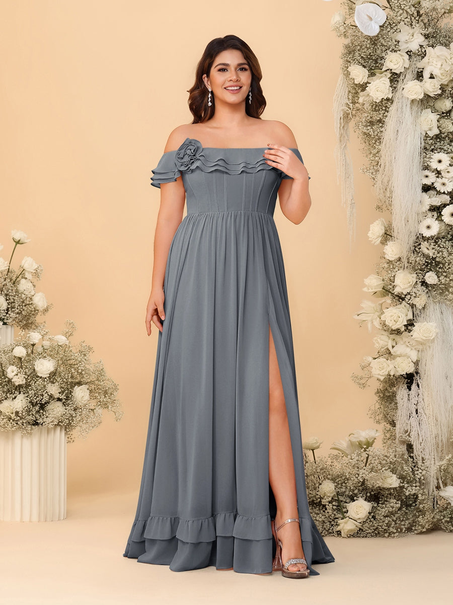 Chiffon A-Line/Princess Off-the-Shoulder Short Sleeves Plus Size Bridesmaid Dresses with Side Slit - 画像 (26)
